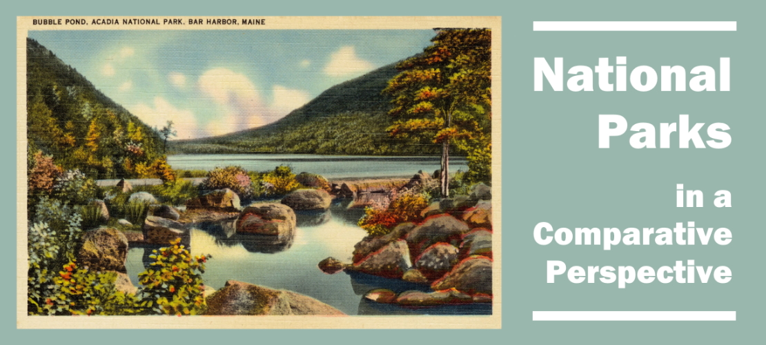 Vintage lithographic postcard of Bubble Pond in Acadia National Park, Maine